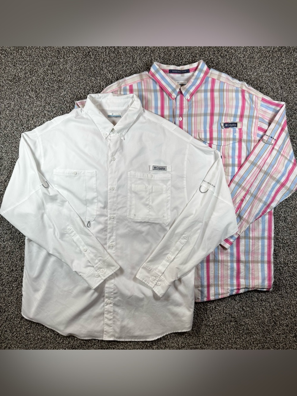 LOT 2 Columbia PFG Men’s XL White & Pink Multi Plaid Long Sleeve Shirts Fishing
